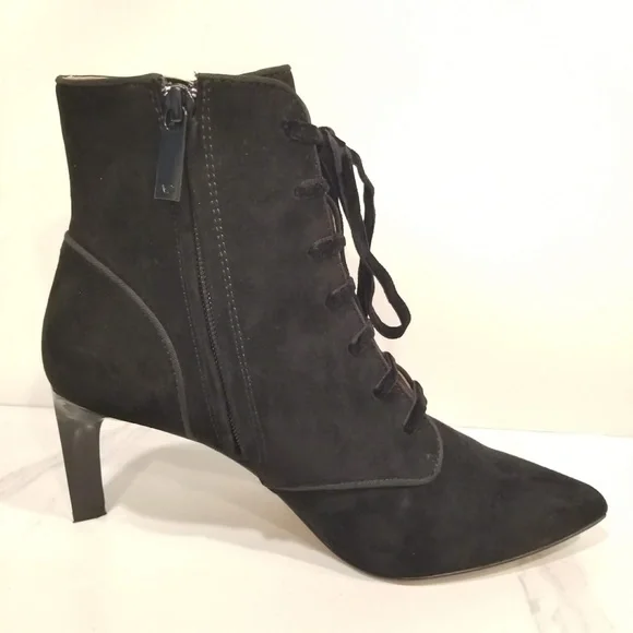 AD & Daughters Black Suede Lace Up Zip Ankle Boots Pointed Toe Heels Womens - Picture 7 of 11